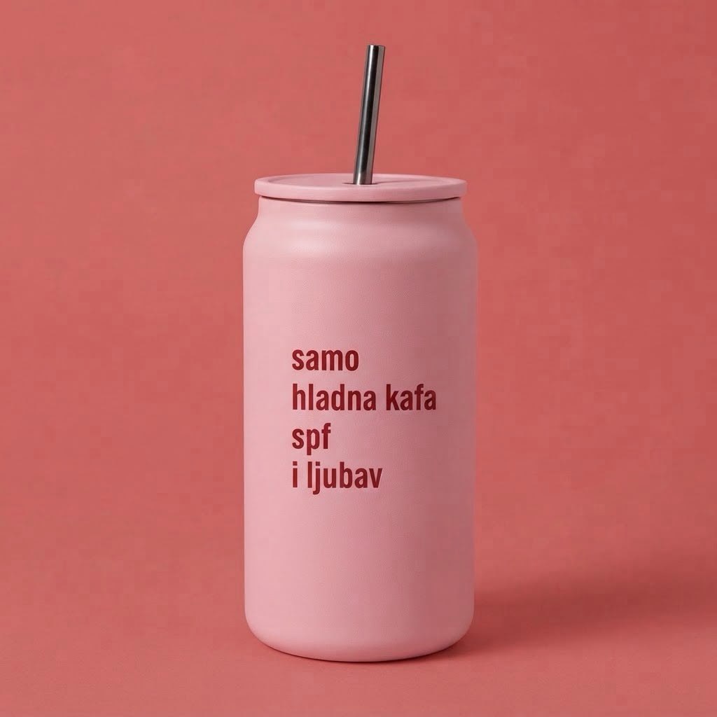 Roze termo limenka sa slamčicom i natpisom Samo hladna kafa spf i ljubav